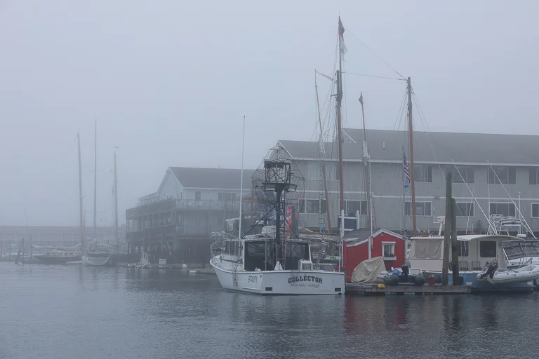 foggy Boothbay Harbor waterfront