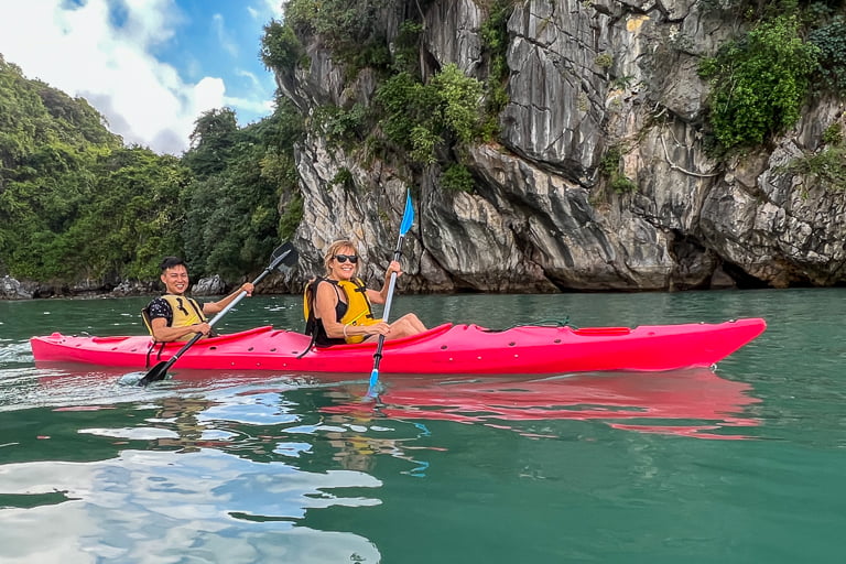 barbara kayaking in halong bay
